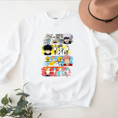 a white sweater with anime characters on it