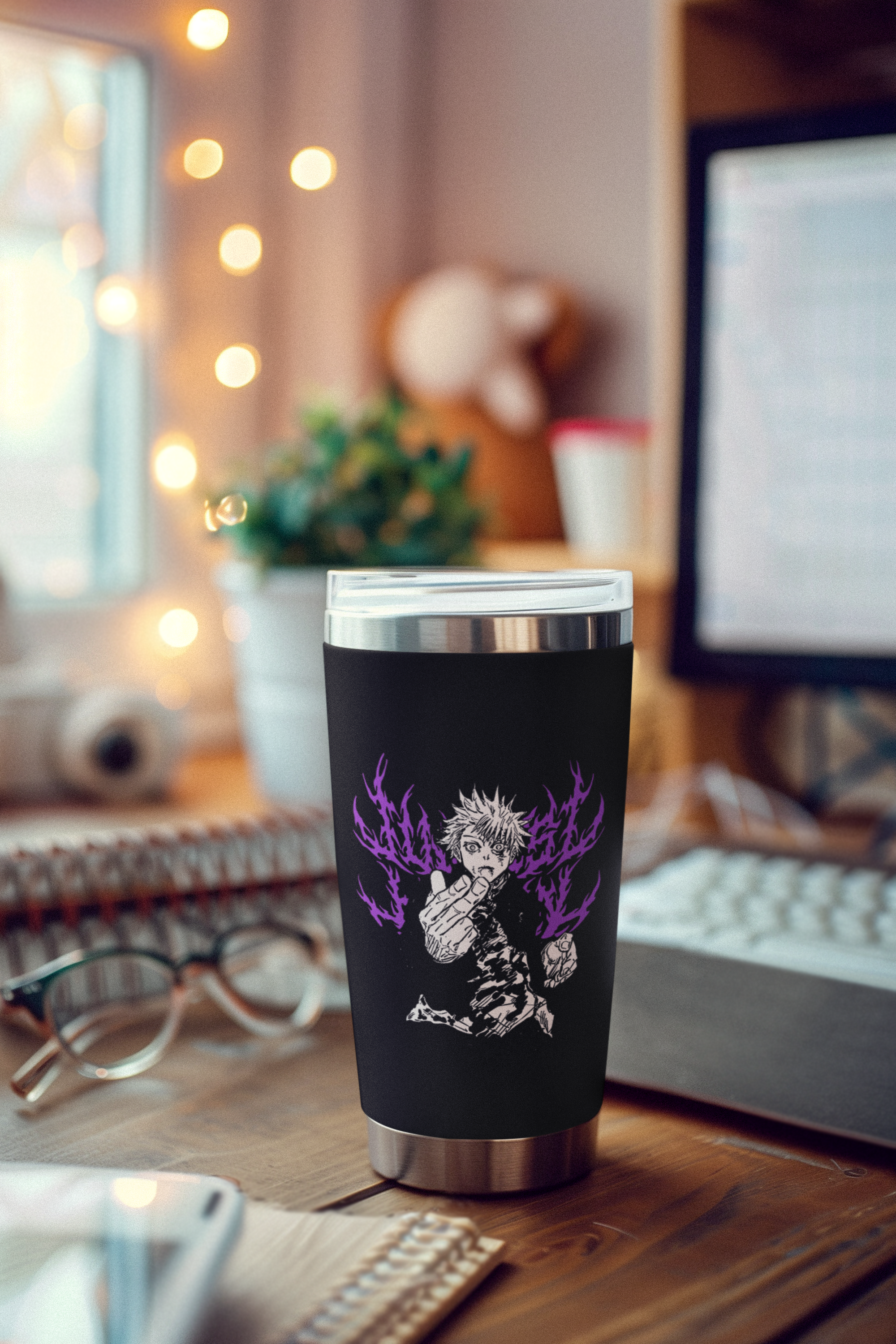 a cup sitting on top of a wooden desk