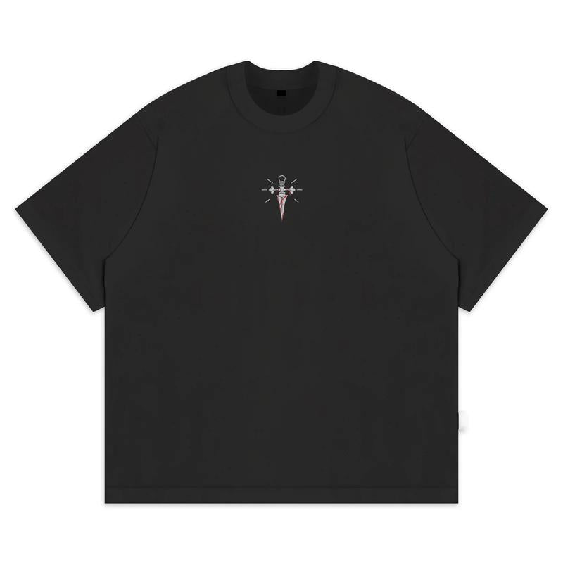 a black t - shirt with a pink and white logo on the chest