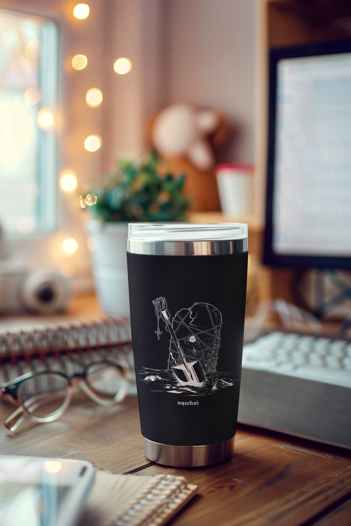 a cup sitting on top of a wooden desk