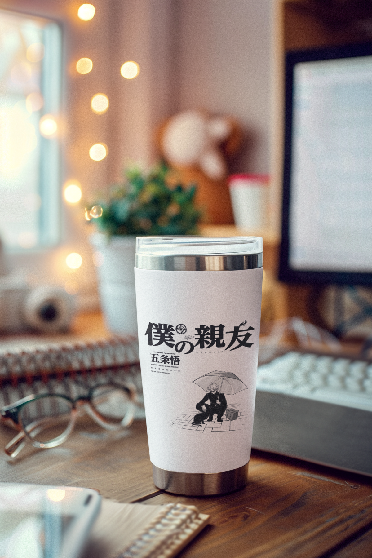 a coffee cup sitting on top of a wooden desk