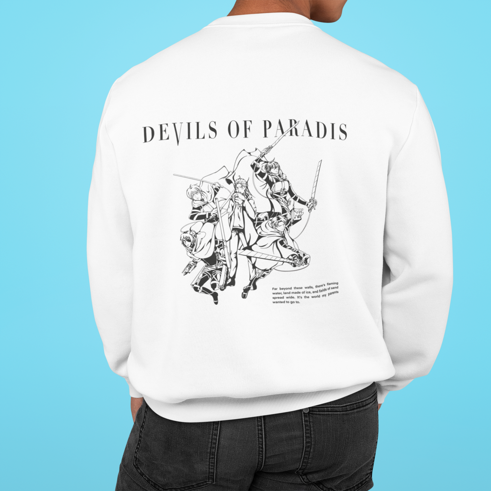 a man wearing a white sweatshirt with the words deviles of paradise printed on it