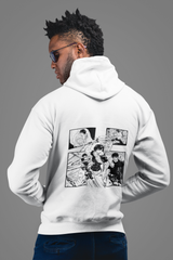 a man wearing a white hoodie with a cartoon picture on it