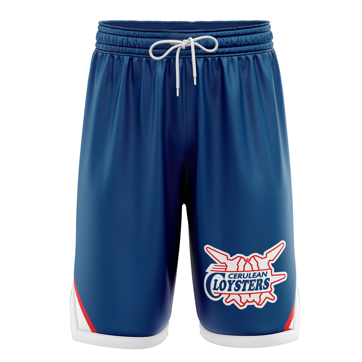 a blue shorts with a red and white logo