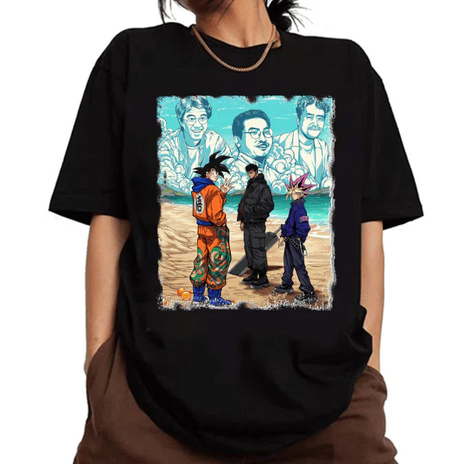 a woman wearing a black t - shirt with a picture of two men and a