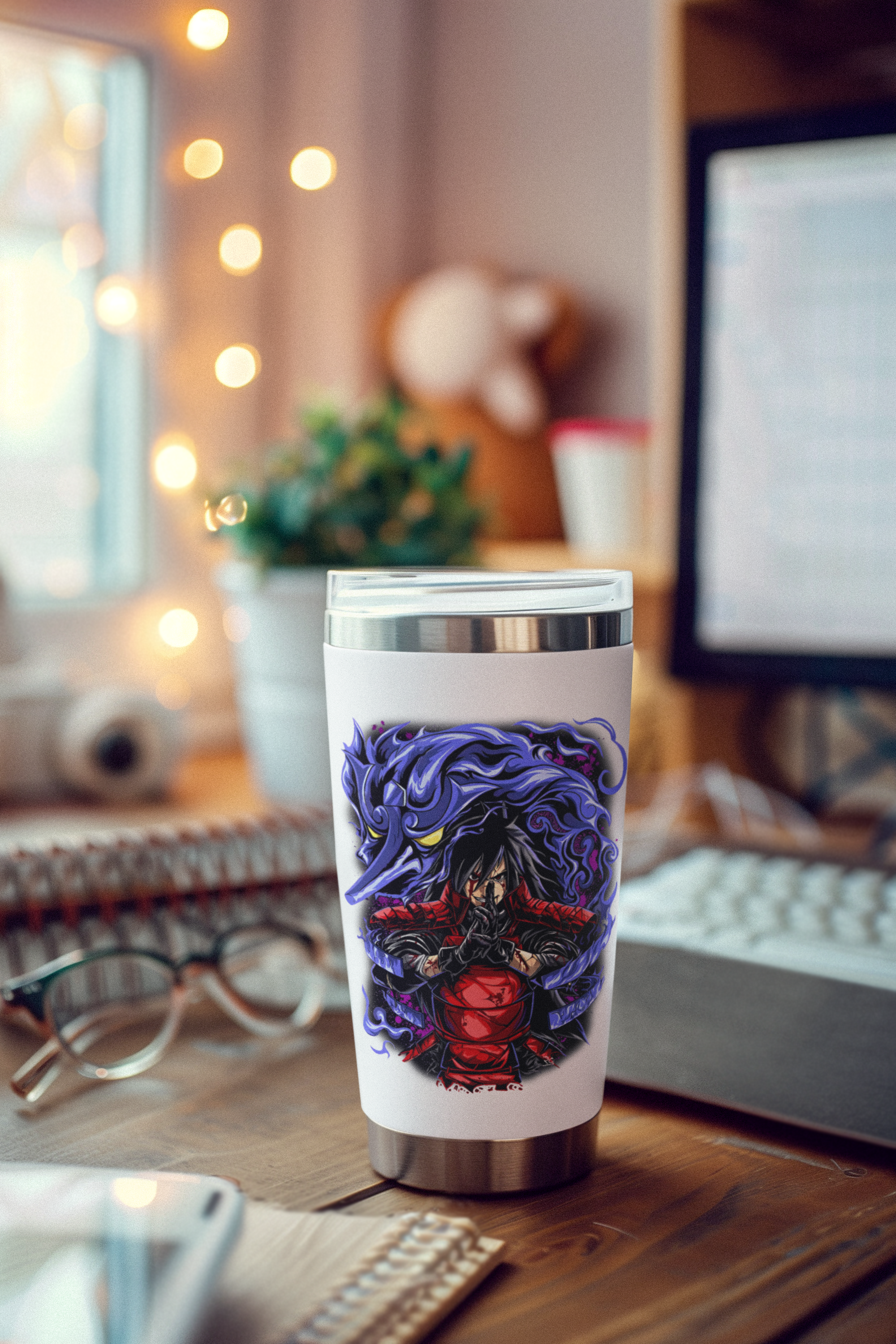 a cup sitting on top of a wooden desk