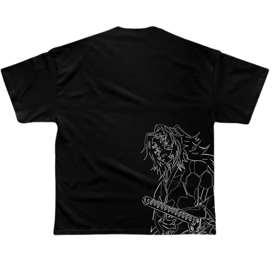 a black t - shirt with a white drawing of a person playing a guitar