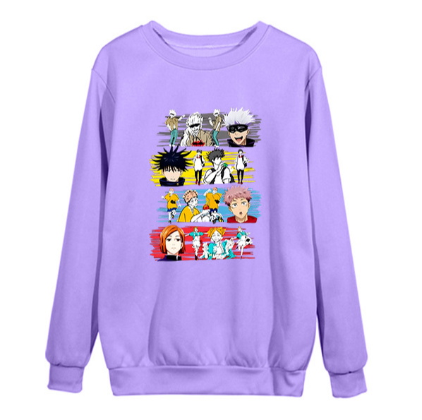 a purple sweatshirt with cartoon characters on it