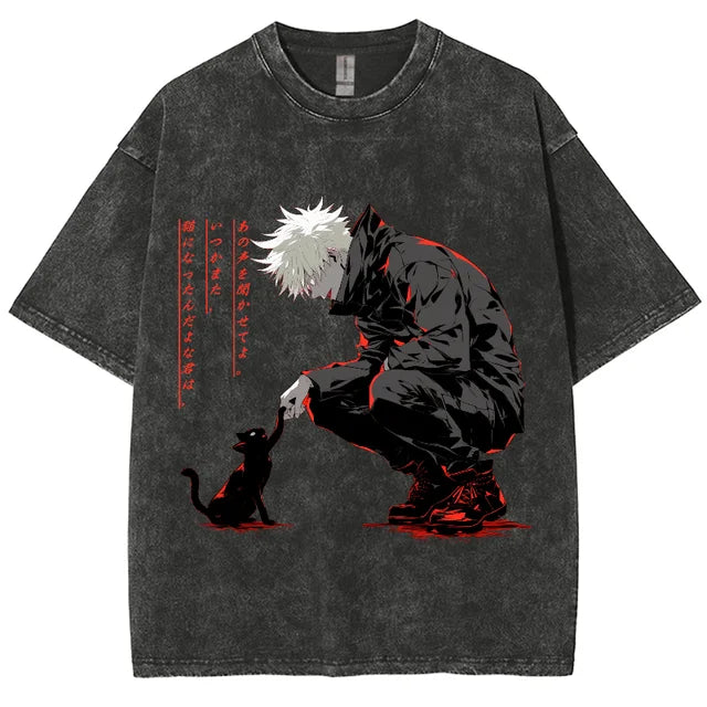 a black t - shirt with an image of a man kneeling down next to a