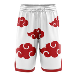 a white shorts with red clouds on it