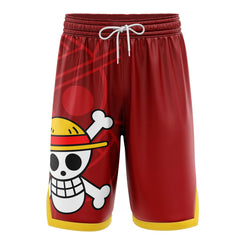 a red shorts with a skull and crossbones on it