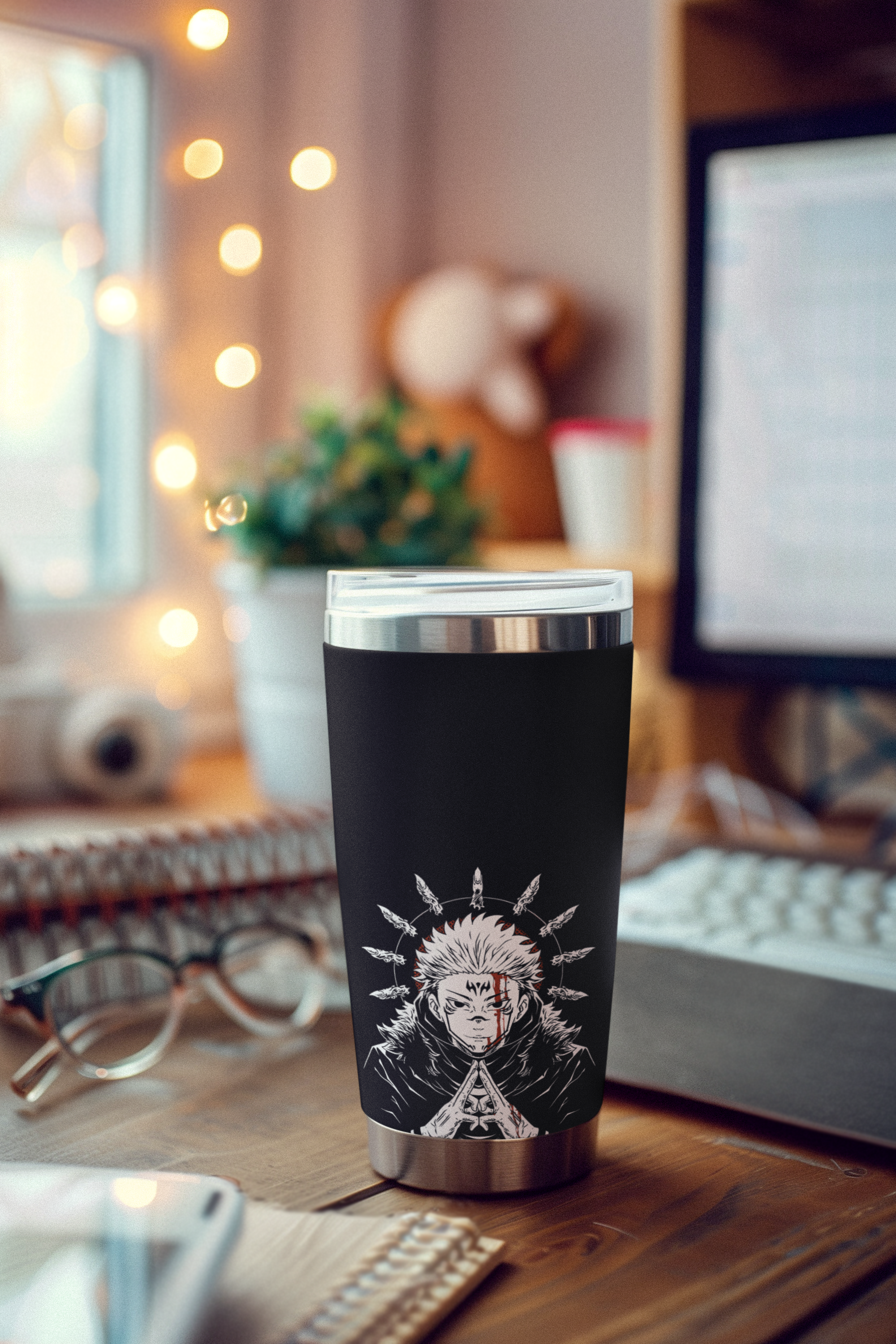 a cup sitting on top of a wooden desk