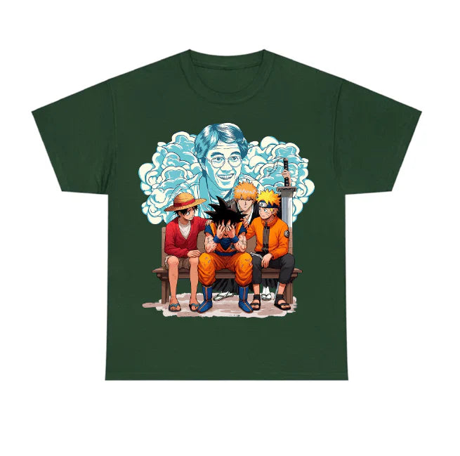 a green t - shirt with an image of three people sitting on a bench