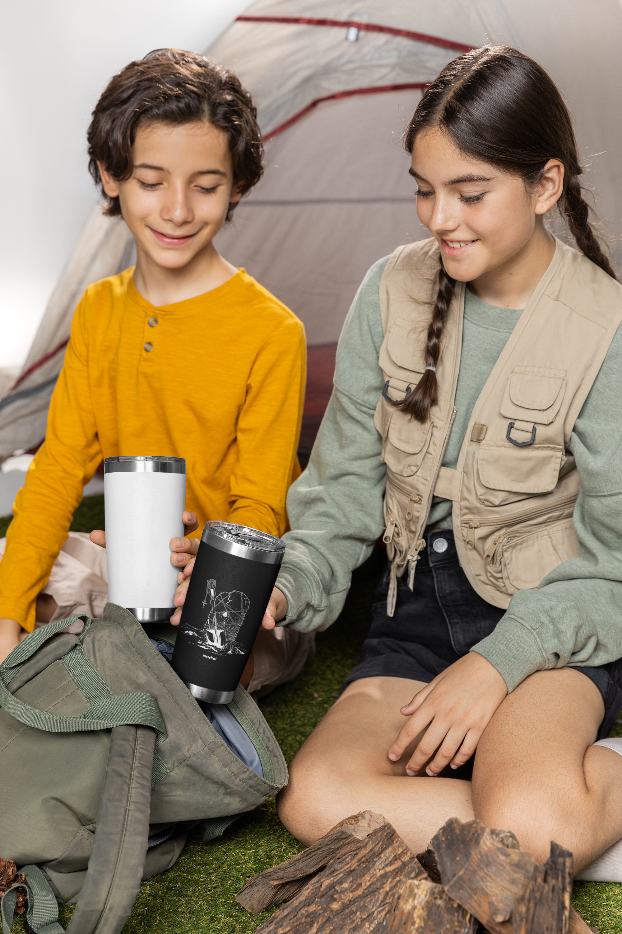 two young girls sitting on the ground next to a tent