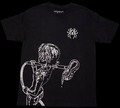 a black t - shirt with a drawing of a boy holding a bow and arrow