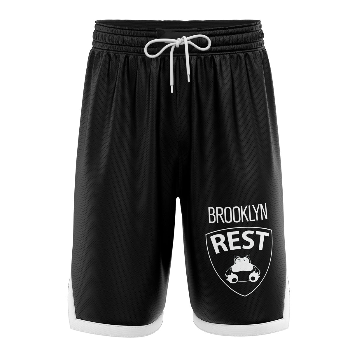 a black and white shorts with the brooklyn rest logo on it