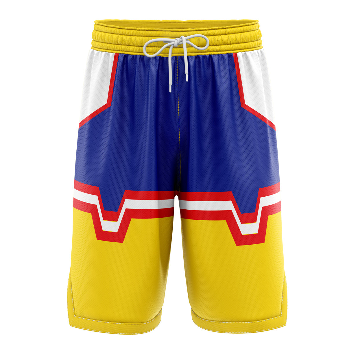 a blue and yellow shorts with red, white, and blue stripes