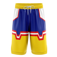 a blue and yellow shorts with red, white, and blue stripes