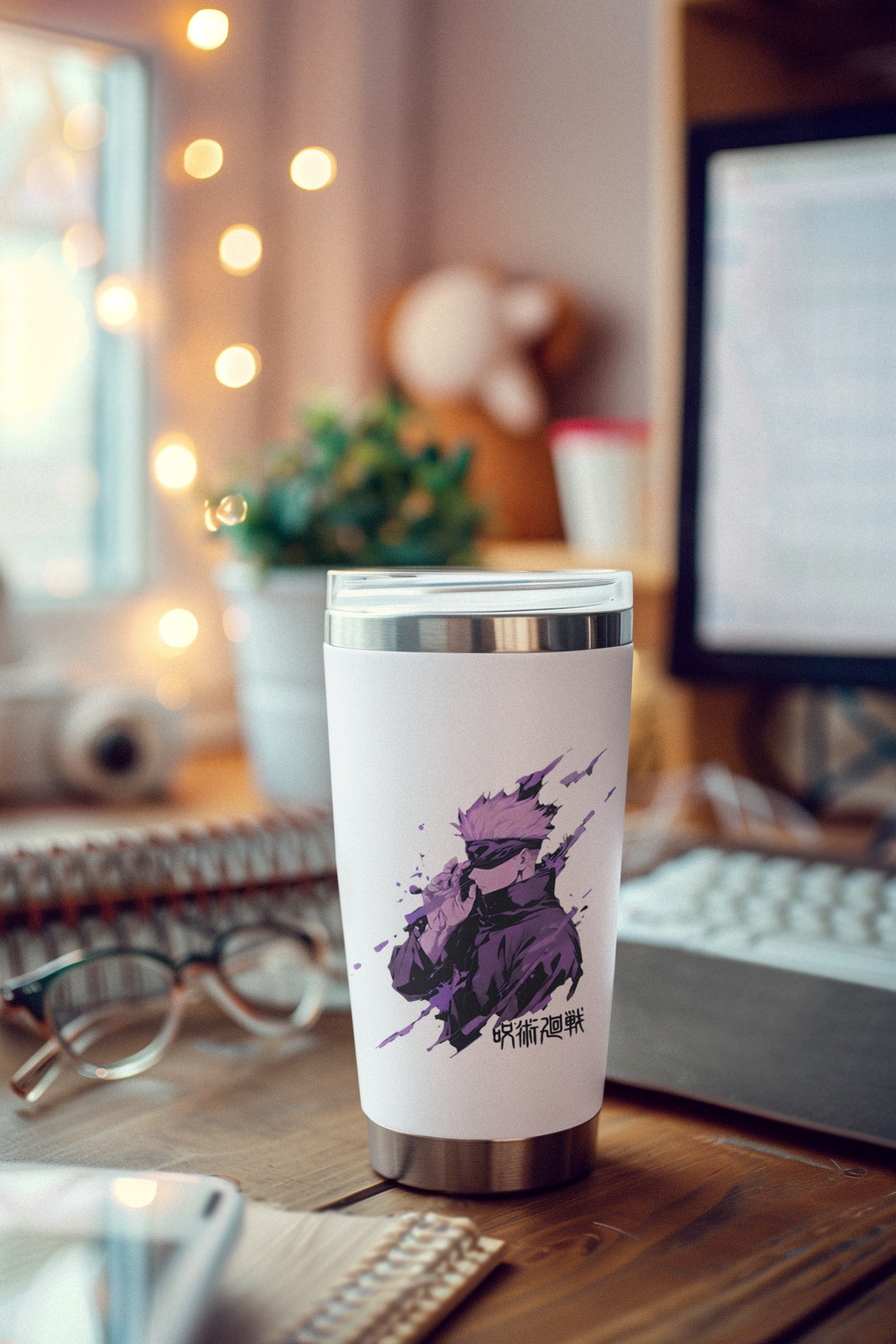 a cup sitting on top of a wooden desk