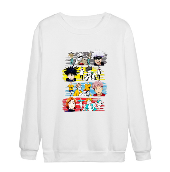 a white sweatshirt with anime characters on it