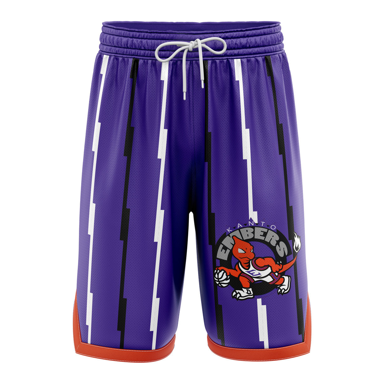 a purple shorts with a red bull on it