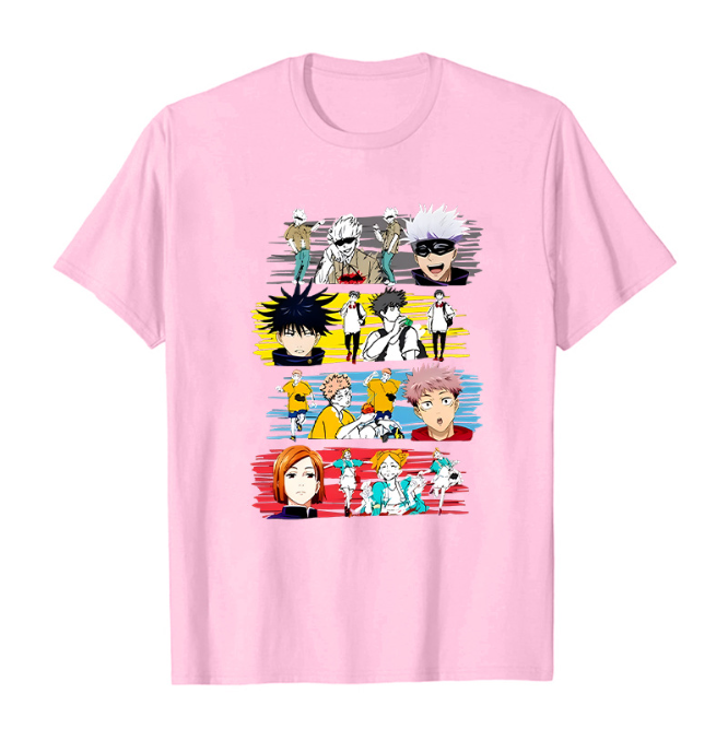 a pink t - shirt with a bunch of characters on it