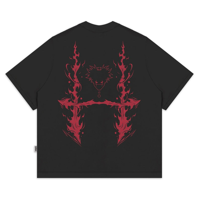 a black t - shirt with red flames on it