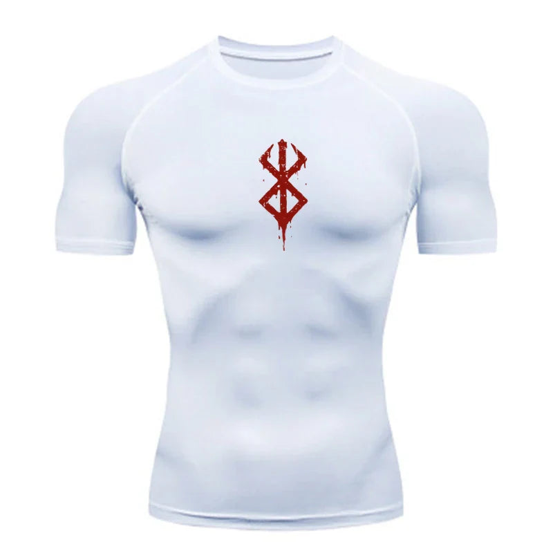 a white shirt with a red design on the chest