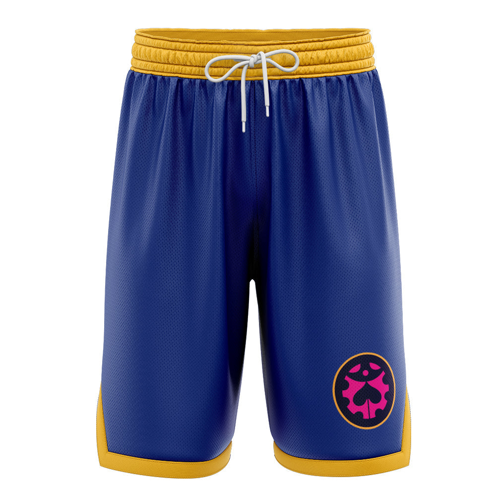 a blue and yellow shorts with a pink and yellow emblem