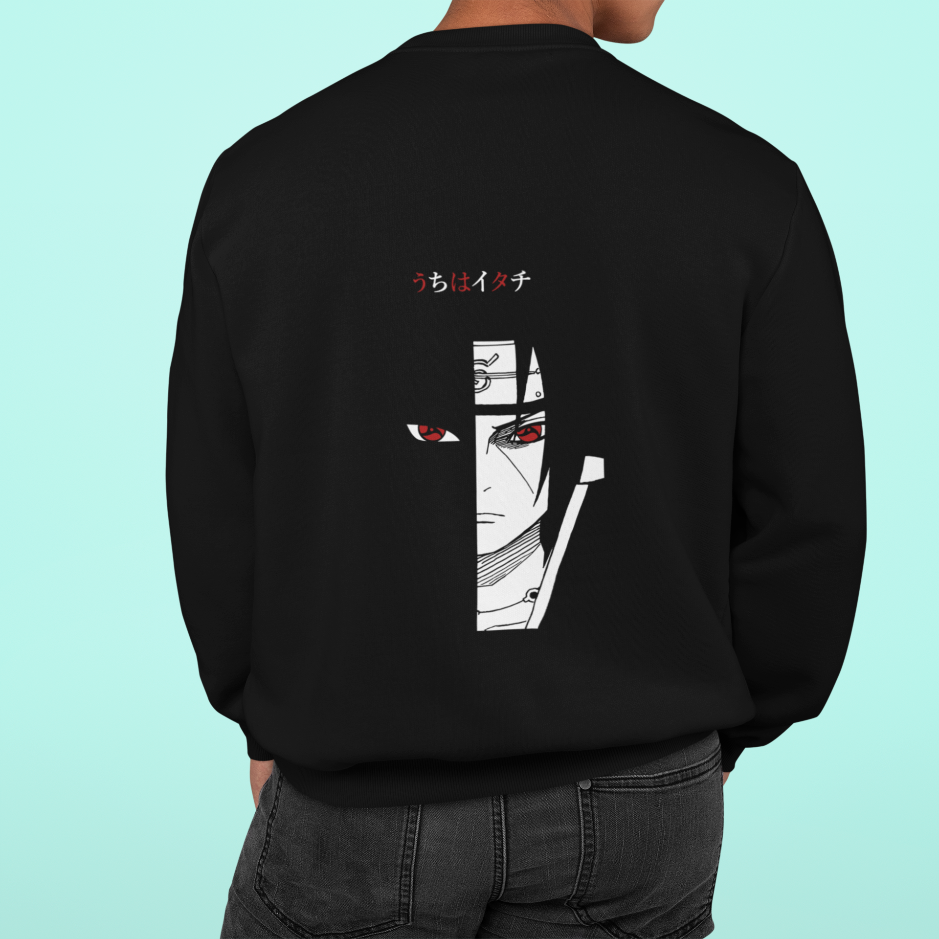 a man wearing a black sweatshirt with a picture of a man holding a toothbrush