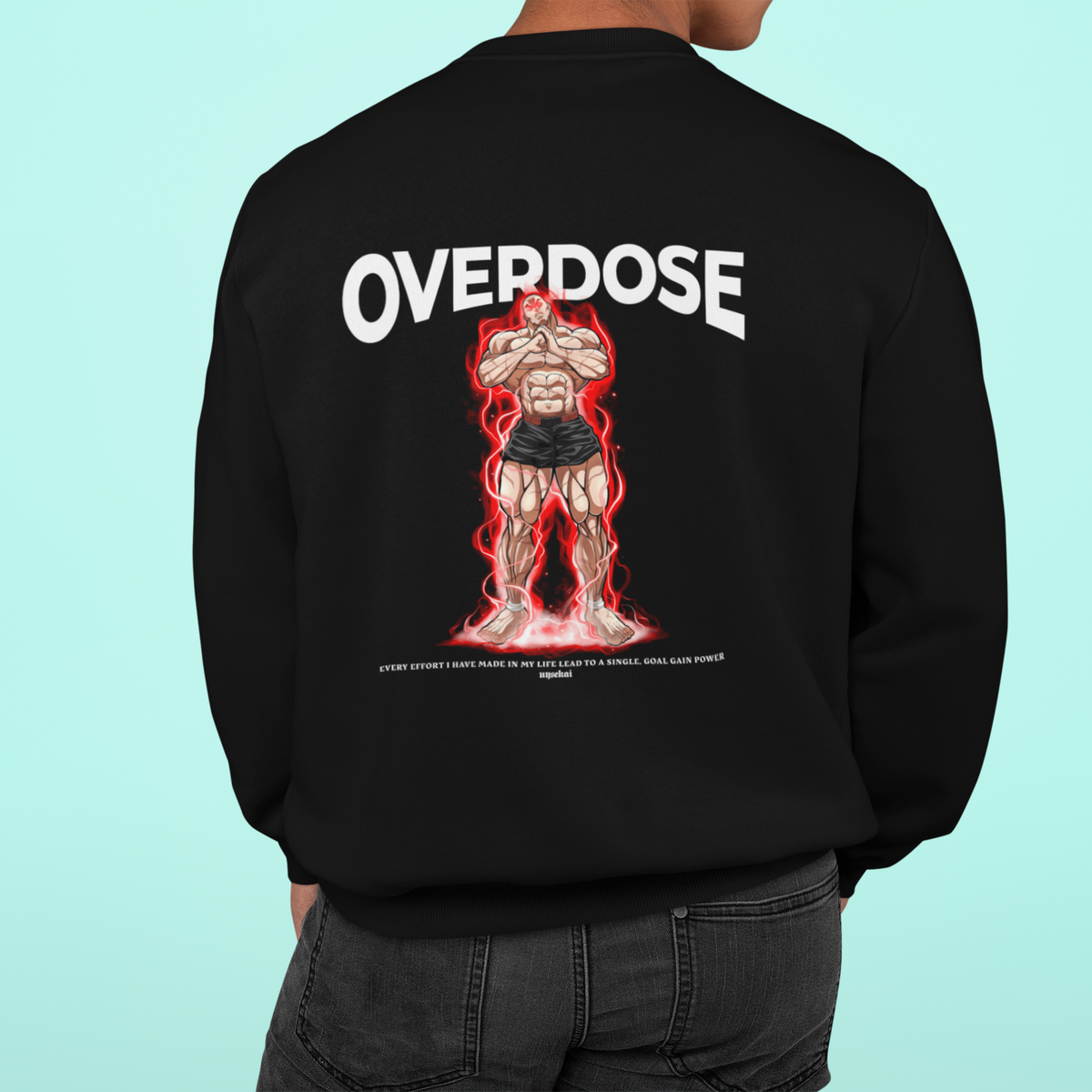 a man wearing a black sweatshirt with the words overdose printed on it