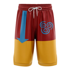 a red and yellow shorts with a blue arrow on it