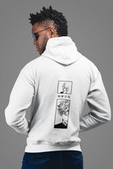 a man wearing a white hoodie with a picture of a palm tree on it