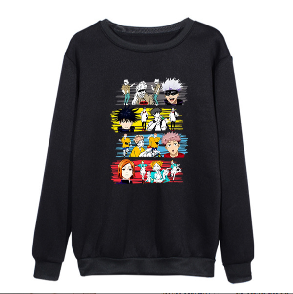 a black sweatshirt with anime characters on it