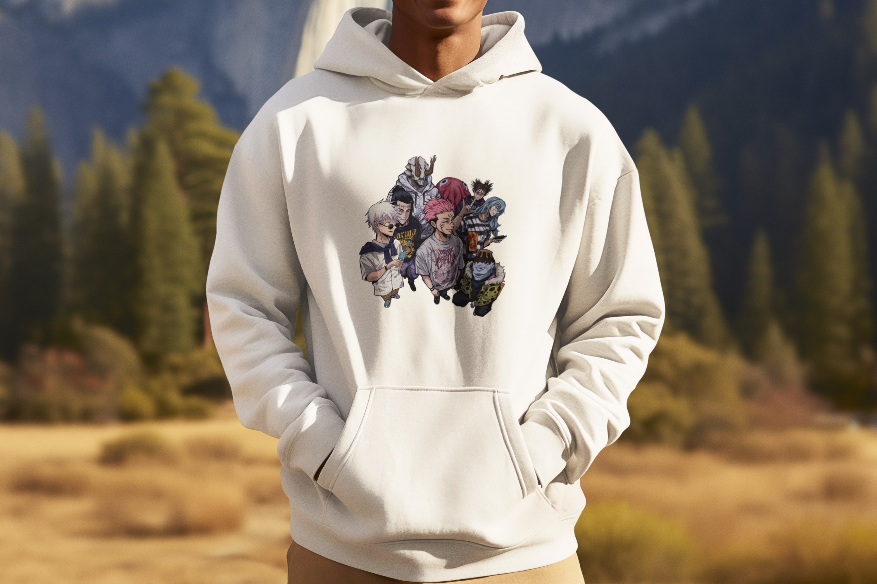 a man wearing a white hoodie with anime characters on it