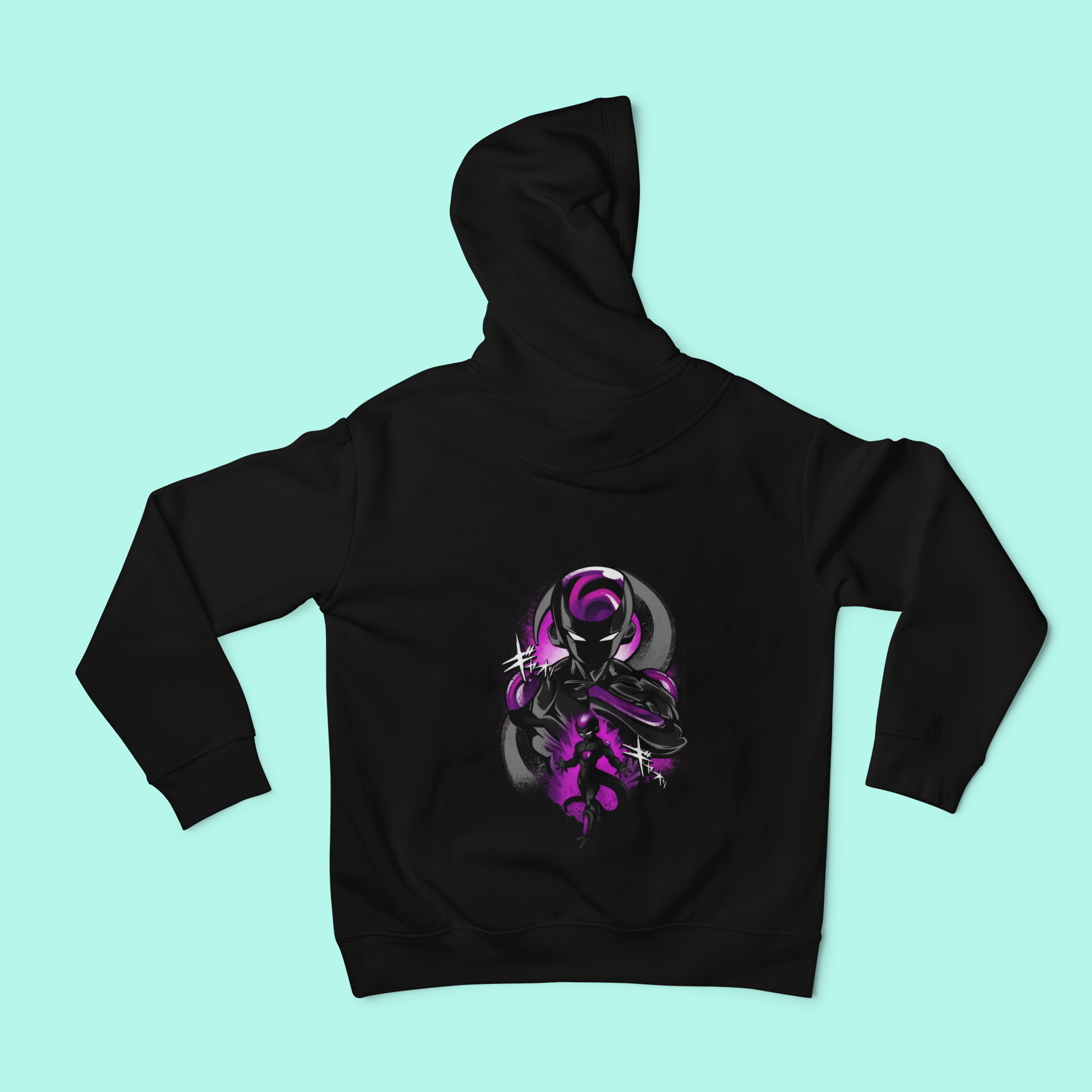 a black hoodie with a purple design on it