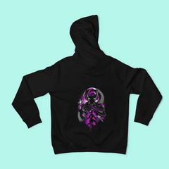 a black hoodie with a purple design on it