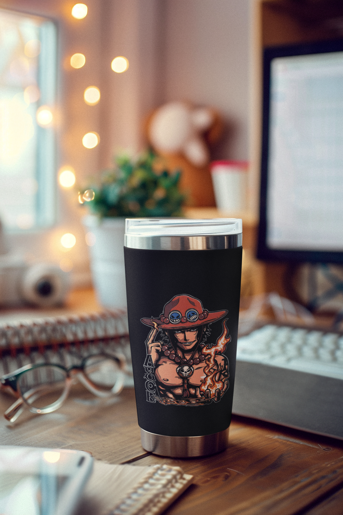 a cup sitting on top of a wooden desk