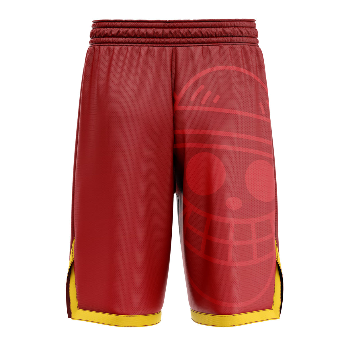 a red and yellow shorts with a skull on it