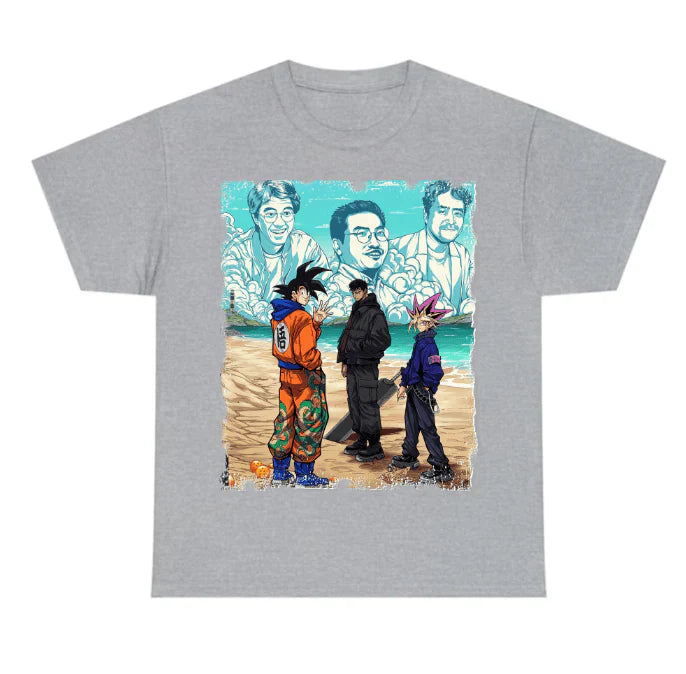 a t - shirt with a painting of three people on the beach