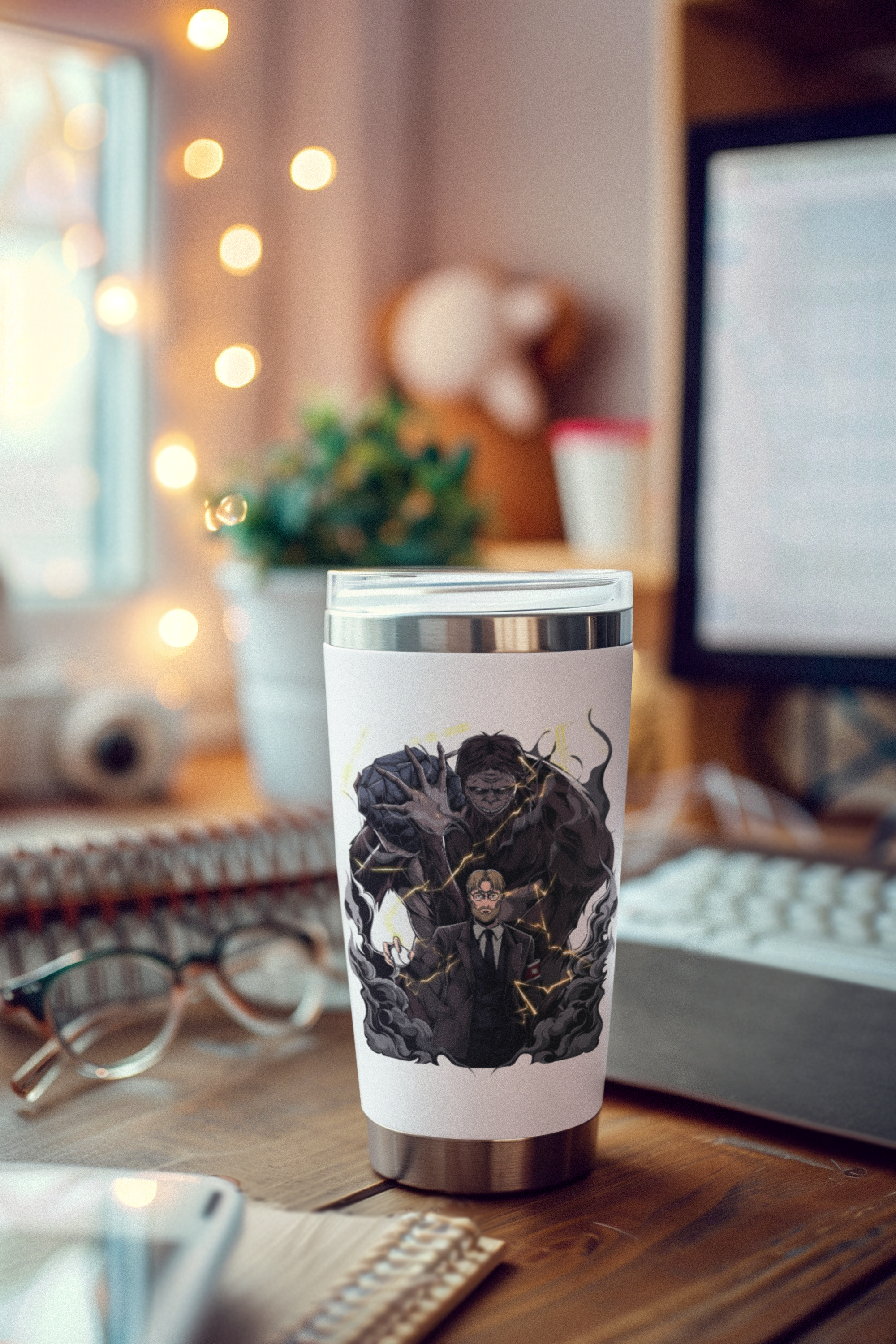 a coffee cup sitting on top of a wooden desk