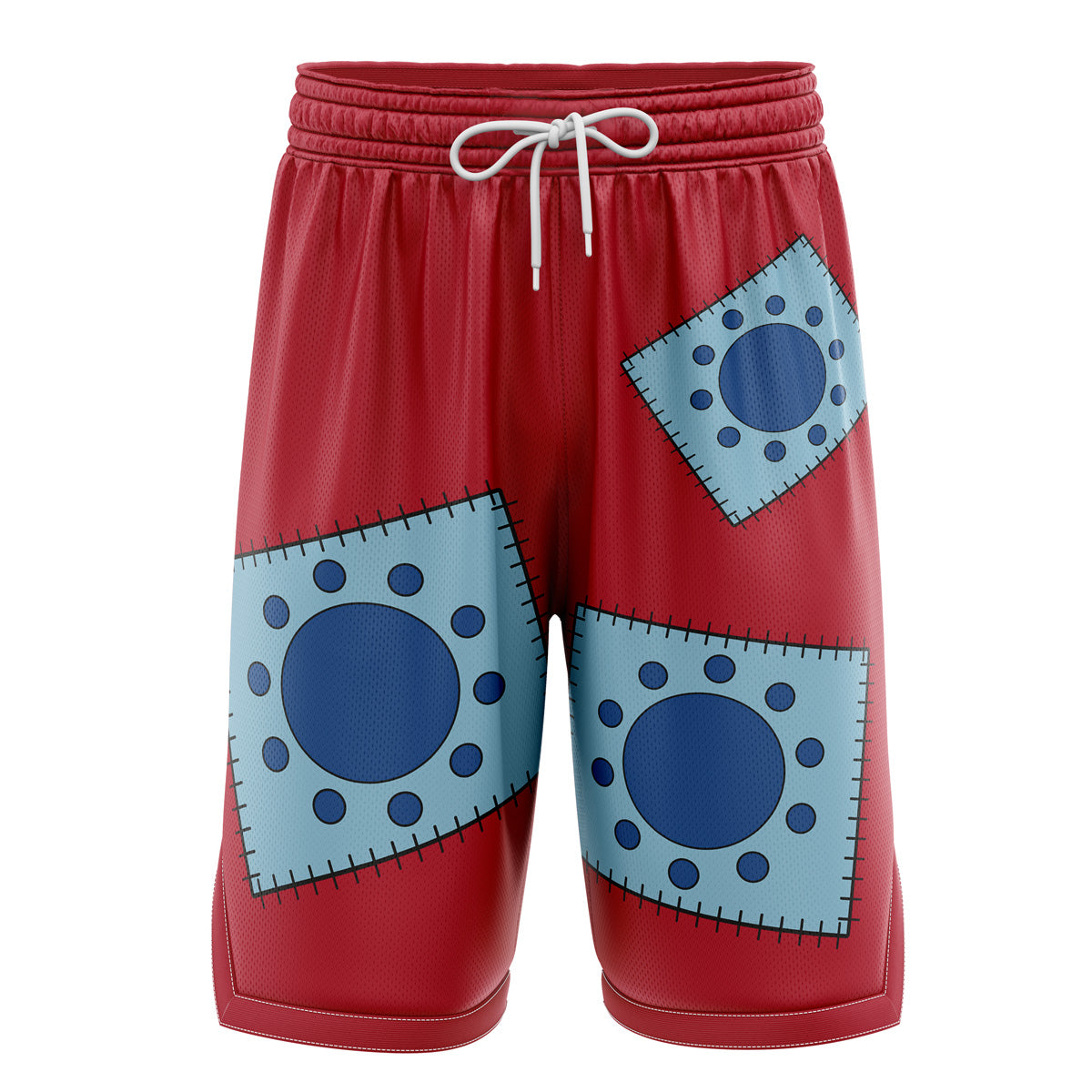 a pair of red shorts with a blue design on it