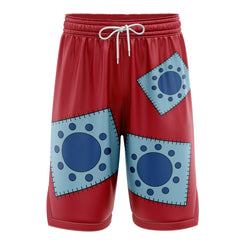 a pair of red shorts with a blue design on it