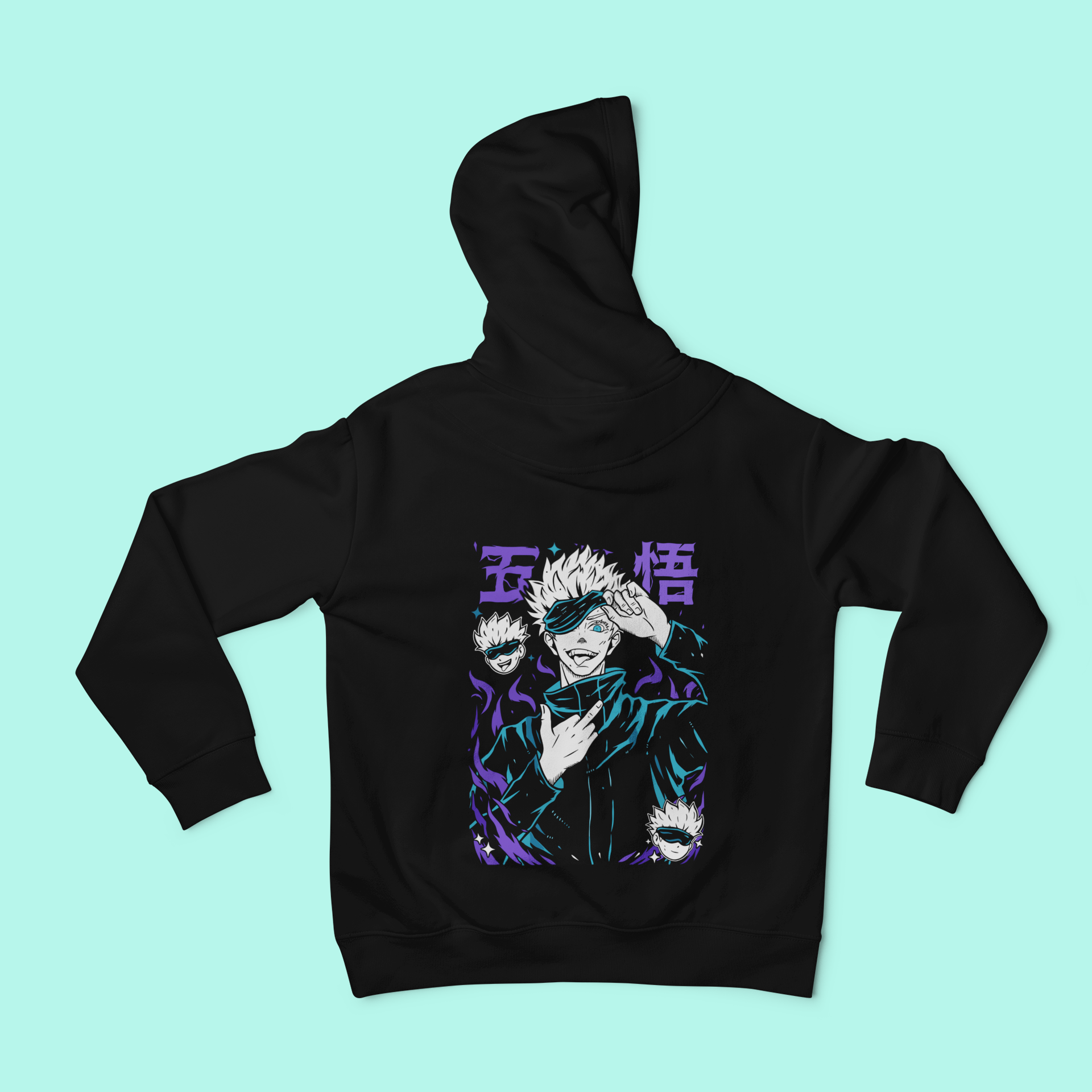 a black hoodie with a picture of two people on it