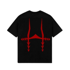 a black t - shirt with red arrows on it