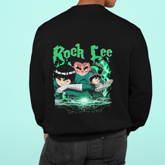 a man wearing a black rock lee sweatshirt