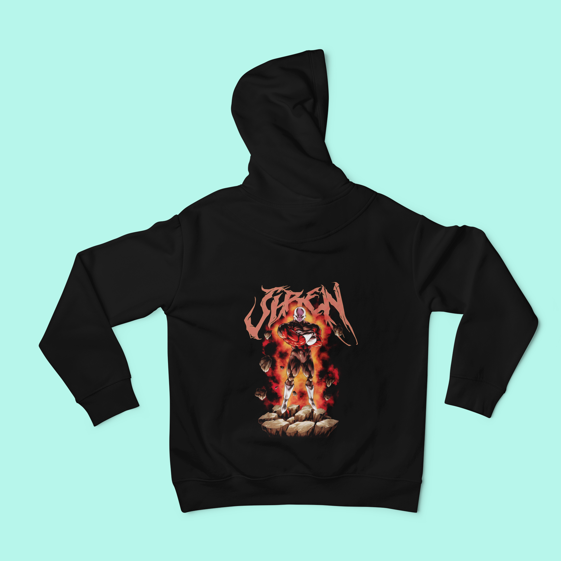 a black hoodie with a picture of a demon on it