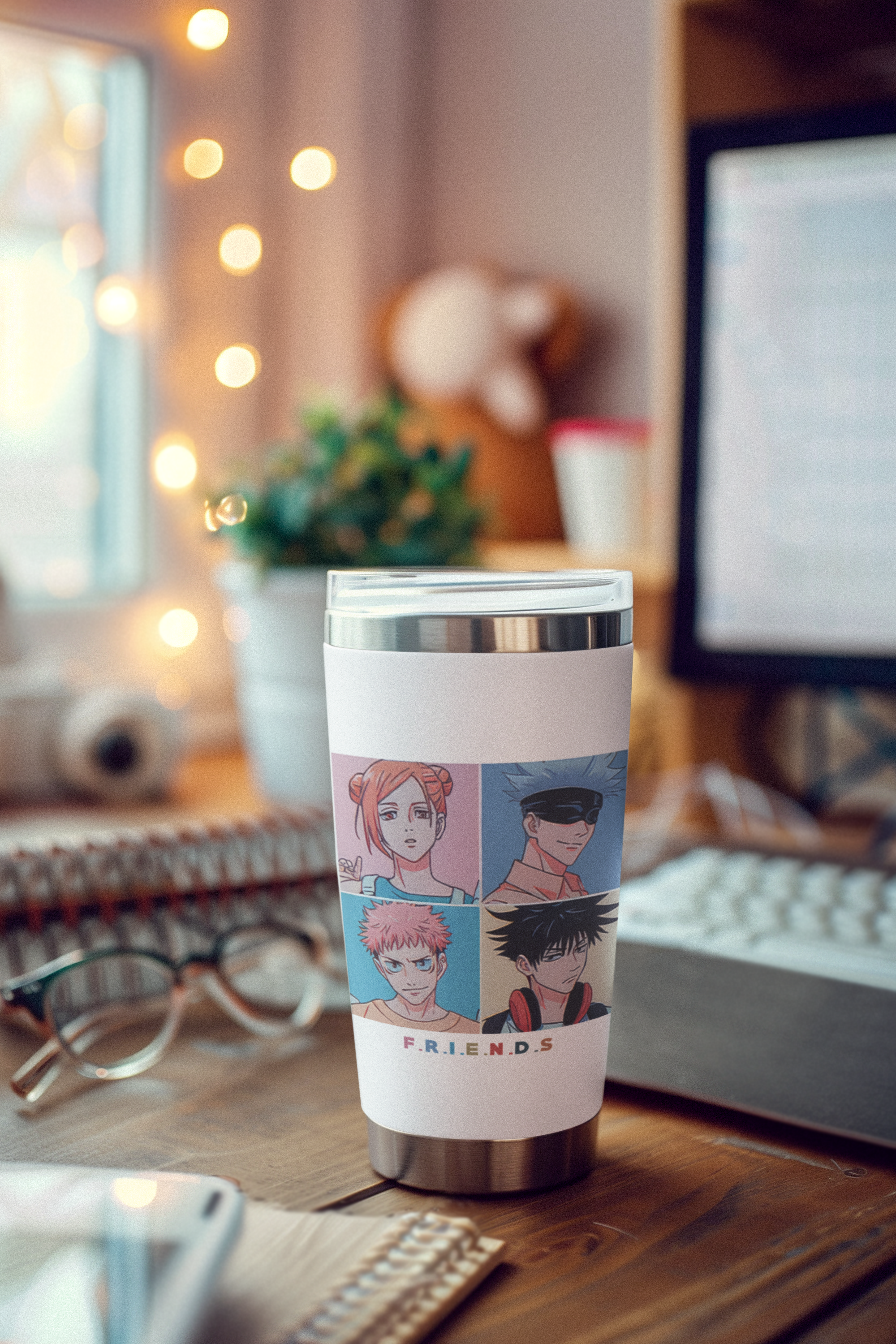 a coffee cup sitting on top of a wooden desk