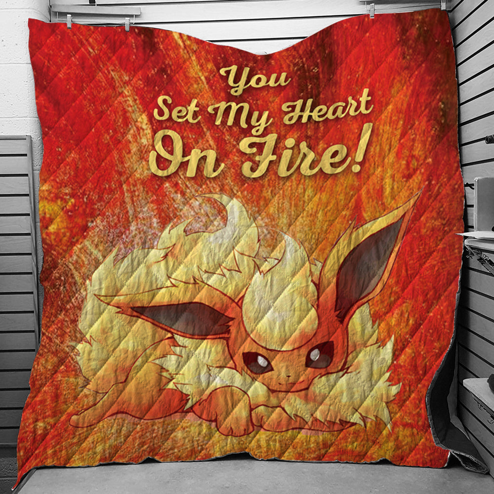 Flareon on Fire Pokemon Quilt Blanket