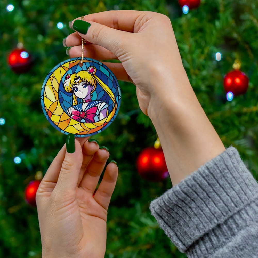 Anime Magic and Feline Mystique Dual Ornaments: Moonlit Guardian Floral-Adorned Cat Stained Glass Inspired Splendor | Anime Ornaments